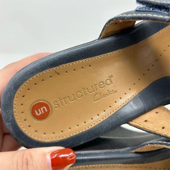 Clarks Unstructured Women's Blue Leather Slip On Wedge Sandals Size 9.5 Comfort - Picture 12 of 12